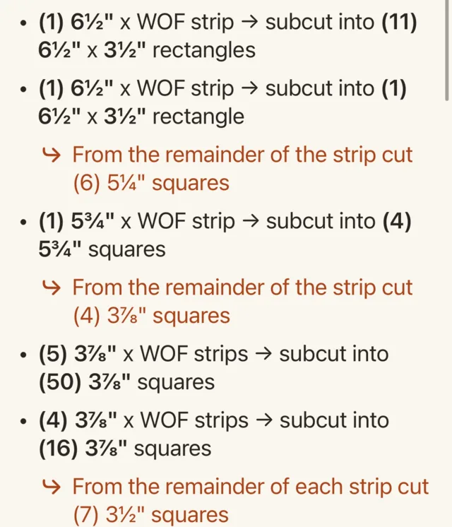 A cutting list in pattern wording, with two lines in rust that start: From the remainder of the strip cut.